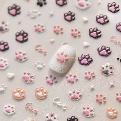 Cute Jelly Pink Cat Paw Print Nail Sticker Kawaii Pink Black Cat Claw 5D Embossed Self-Adhesive Nail