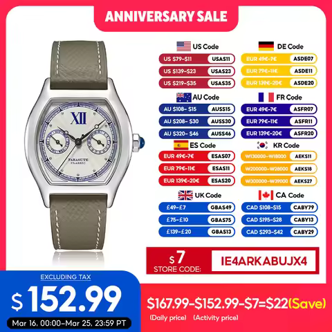 FARASUTE 2024 New 36mm Men's Quartz Watch VH64 Movement Stainless Steel Sports Fashion Sapphire Glas