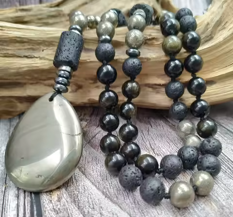 YA4055 Pyrite Stone Pendant Pyrite Obisdian Lava Beads Stone hematite Handmade Knot Necklaces
