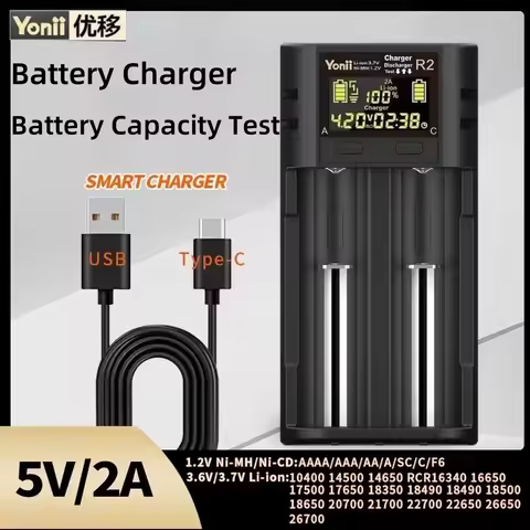 LCD Display 2 Slots Battery Charger 2A for 3.7V-4.2V Li-ion 18650 21700 26650 1.2V NI-MH AA/AAA Type