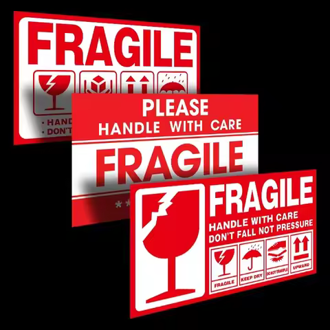 1000 Pieces Fragile Articles English Autohesion Stickers Rectangle Red Logistics Transportation Glas