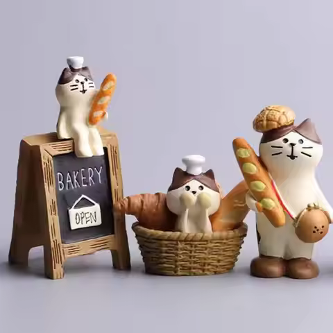 Miniature Cat Figurines Micro Scene Coffeeshop Bookshelf bakery Decoration Garden Resin Craft Japane