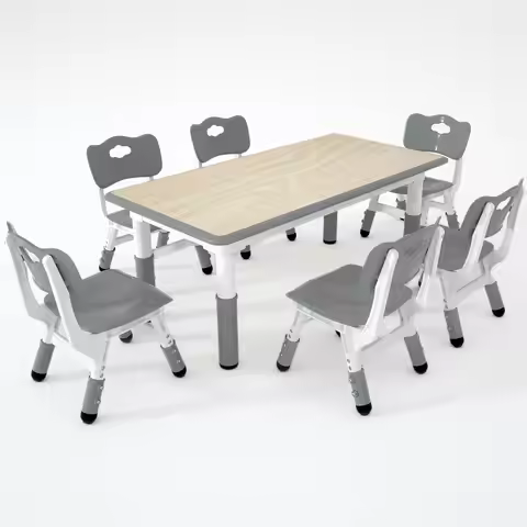 Kids Table and 6 Chairs Set，Height Adjustable Children Table & Chair，Toddlers Study Multi-Activity T