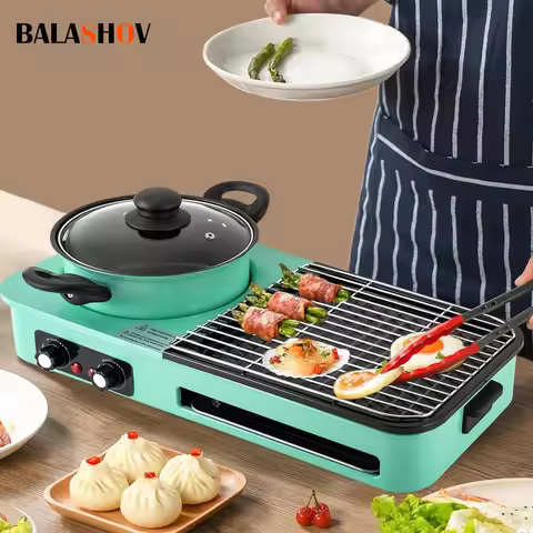 Multifunctional Electric Grills, Smokeless 3 in 1 Korean Style BBQ Hot Pot Multi cooker Machine, Non