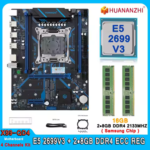 Huananzhi X99 QD4 Motherboard Kit with Xeon E5 2699 V3 CPU DDR4 16GB (2*8GB) 2133MHz Four Channel RA