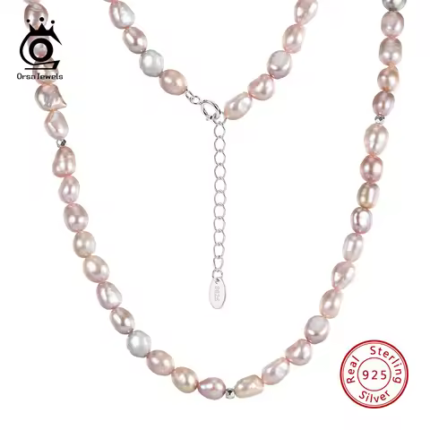 ORSA JEWELS Fashion 925 Silver 7-8mm Baroque Natural Pearls Beaded Necklace Set Collarbone Chain Des