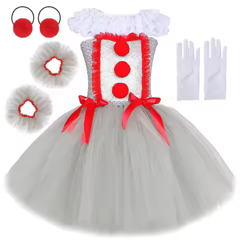 Gray Killer Clown Costume for Girls Halloween Scary Fancy Dress for Kids Carnival Party Horror Outfi