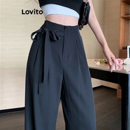Lovito กางเกงขายาวผู้หญิง เบสิก ขากว้าง สีพื้น สไตล์ลำลอง LNA24191 (ขาว/ดำ)