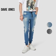 DAVIE JONES กางเกงจ็อกเกอร์ ยีนส์ เอวยางยืด ขาจั๊ม สีกรม สีดำ Drawstring Denim Joggers GP0142 MN BK