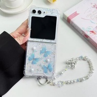 For Samsung Z Flip7 Glitter Case Butterfly Pearl Bracelet Wrist Strap For Galaxy Zflip 6 ZFlip 5 Z f