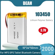3.7V 2000mAh 103450 Lipo Polymer Lithium Rechargeable Battery Navigator DVR GPS  Camera  JST 2pin PS