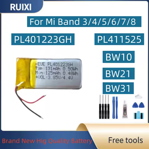 RUIXI PL401223GH PL411525 BW21 BW10 BW31 Battery For Mi Band 3/4/5/6/7/8 Bracelet battery + Tools