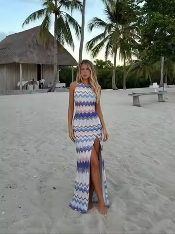 O Neck Print Dress Split Cover Up Summer Maxi Dress Sleeveless Sundress Bodycon Beach Vacation Resor