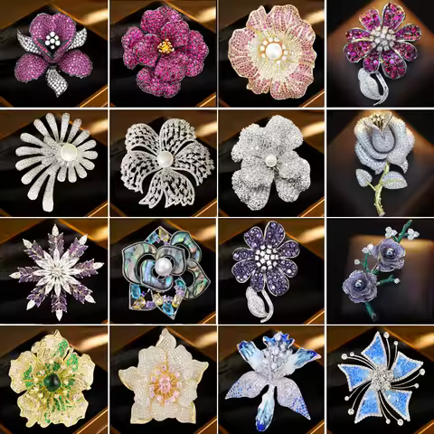 OKILY Luxury Multicolor Zirconium Flower Brooches Exquisite Camellia Daisy Sunflower Broche Pin for 