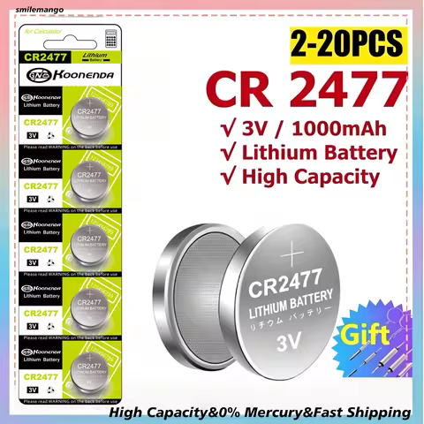 CR2477 3V Lithium Button Cell, 2-20Pcs, Equivalent to DL2477 ECR2477, Battery for Car Key, Remote & 