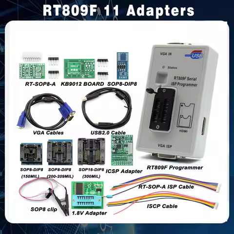 Original RT809F ISP Programmer + 11 Adapters 24-25-93 serise IC Offline board KB9012 + VGA LCD ISP p