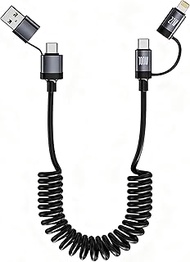 Coiled USB-C and Lighting Cable 4-in-1, 3FT Phone 15 16 Car Charger Cord, 100W Multi Fast Charging C