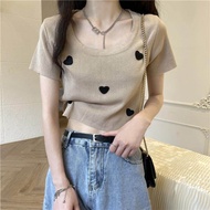 Short blouse womens love embroidery design sense Small summer thin ice silk knitwear short sleeve t-