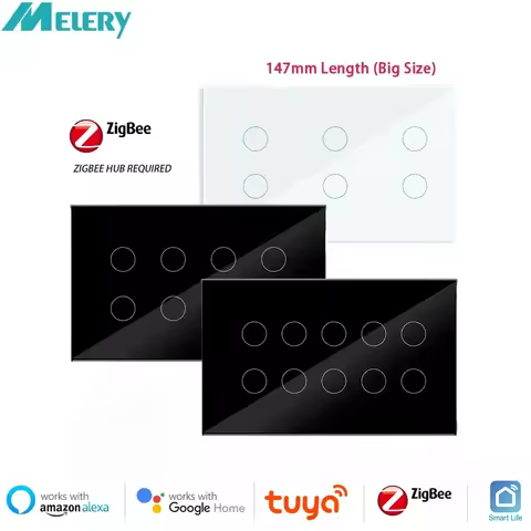 Melery Zigbee Tuya Smart Wall Light Switch Touch Glass Panel Wireless Interuptor 4/5/6/8/10 Gang Rem