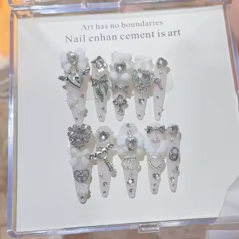 Pink Jirai Kei Cute Long Handmade Press On Nails Shibuya Gyaru Heart Cross Heart Diamond Stiletto Fa