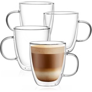 CNGLASS Large Glass Coffee Mugs 12oz,Double Walled Insulated Cappuccino Mug with Handle,Set of 4