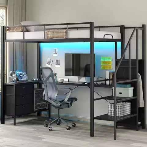 Twin Loft Bed with Desk and Storage Stairs and Wardrobe, Heavy Duty Loft Bed, RGB LED Bed with USB P