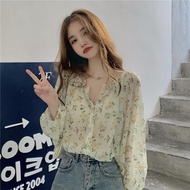 【ks1109.my】 （ready stock）shirt   甜美小清新  碎花雪纺衬衫  女法式设计感   小众别致薄韩系  防晒长袖上衣  Sweet and fresh floral chi