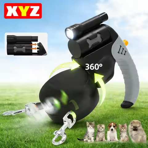 Auto Retractable Double-Headed Dog Leash 3M Rope for 2 Dogs with LED Flashlight 360 Degree Dual Trac