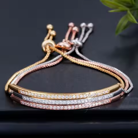 CWWZircons Adjustable Bracelet Bangle for Women Captivate Bar Slider Brilliant CZ Rose Gold Color Je