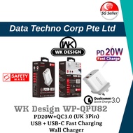 WK DESIGN ( WP-QPU82 ) PD20W(USB-C) + QC3.0 USB Fast Wall Charger with SINGAPORE SAFETY MARK