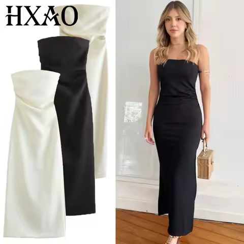 HXAO 2025 Womens Strapless Dresses Summer Off White Black White Dress Midi Ruffled Off Shoulder Back