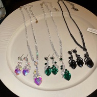 [Jewbeauty]Iridescent Green Black Heart Jewelry Set (Necklace & Earrings) with Full Crystal Chain (G