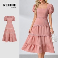 (Refine by Lovito) Elegant Dress Ruffle Neck Zipper Tiered Layer Spring/summer Pink Dress for Women 