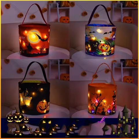Halloween Pumpkin Baskets Glowing Candy Buckets with Handle Portable Carton Ghost Trick or Treat Bag