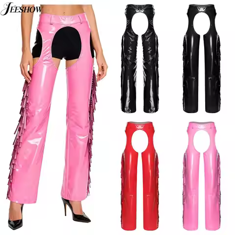 Womens Cowgirls Costume Faux Leather Tassel Chaps Halloween Cowboy Cosplay Costume Wet Look Hollow O