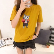 Buy 1 Free 1 Women Korean Fashion Summer Boxing Cat Multicolour T-shirt 买一送一 女装 韩式 潮流 夏天 拳击 猫咪 彩色 衣服