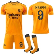 Real Madrid Away Match Orange Jersey Shorts Football Kit Set Customizable Number 7 Vinicius CR7 Mbap