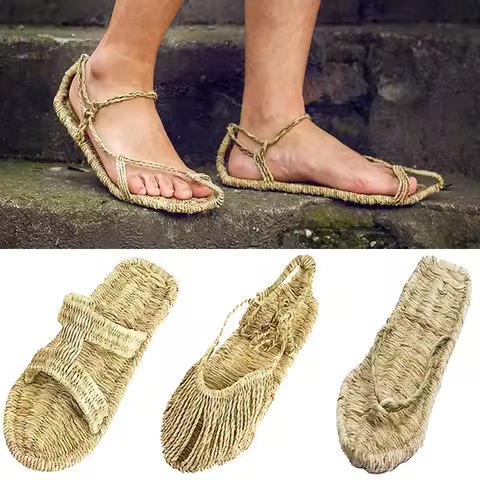 Medieval Shoes Straw Sandals Vintage Hand Made Shoes Slippers for Adult Men Hemp Rope Summer Outfit 