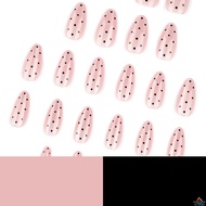 24PCS Nude Cat Eyes Fake Nails with Black Polka Dot Printed Almond Shape for Women