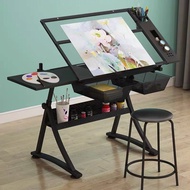 【 With LED 】Drafting glass table with extra side table drawers and leather padded stool