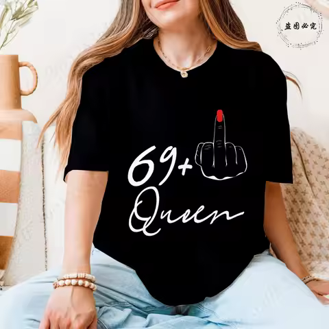 Bold 70th Birthday Queen Squad T-Shirt Women 69+1 Middle Finger Graphic Tees Casual Short Sleeve Top