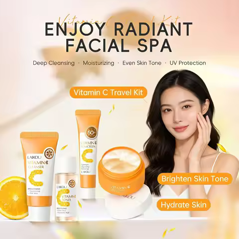 LAIKOU Vitamin C Travel Skincare Set 4PCS Brightening Cleanser Toner Face Cream SPF50+ Sunscreen Moi