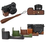 PU Leather Camera Half Body Case For Sony A6400 A6300 A6000 A6100 Opening Bottom Cover WIth Hand Str