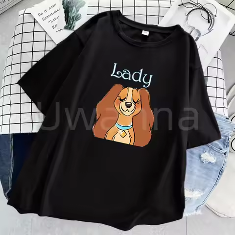 Manga Lady Dog T shirts Women Printing Lady and the Tramp Cute Tshirt Kawaii Black T-shirt Tops Summ
