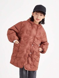 Annil 女童冬裝保暖中長款連帽羽絨服，輕暖舒適棕色冬季外套