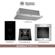 Bertazzoni Domino Bundle 30cm Glass Gas Hob+Induction Hob+Oven+Hood Bundle(P302IB2NE + P301CPROGNE+F605MODEKXS+K60TELXA)