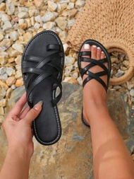 女士大尺碼綁帶中空時尚休閒沙灘涼鞋，適用於夏季