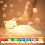 lazy Cat Lamp, 7Colors Cute Night Light，Tap Control Baby Night Light Lamp, USB Rechargeable Kids Nig