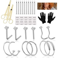 Nose Piercing Kit - 34pcs With Stainless Steel Needles 18G 20G, Clamps, Gloves, Rings, Nails for Bod