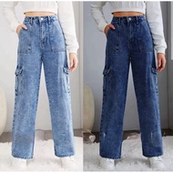 TOPITEM Cargo Six pocket Wide Leg Seluar Jeans Perempuan Acid Wash Cargo Premium Quality